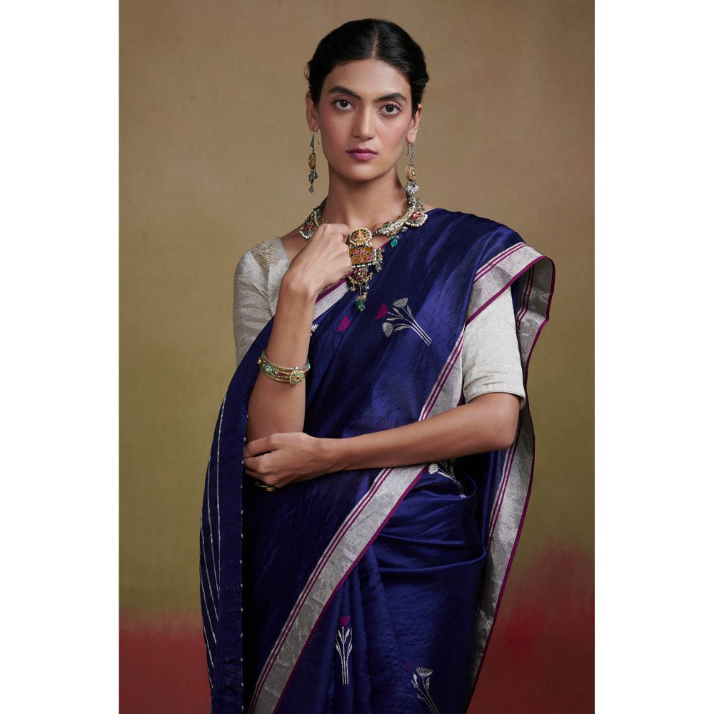 Dressfolk Dark Blue Chanderi Silk Saree with Beads without Blouse