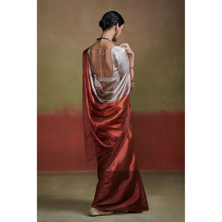Dressfolk Chanderi Tissue Saree In Silver Orange and Maroon without Blouse