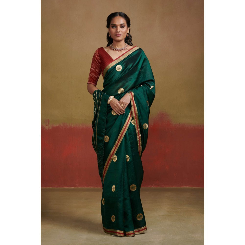 Dressfolk Dark Green Handloom Chanderi Silk Saree with Zari without Blouse