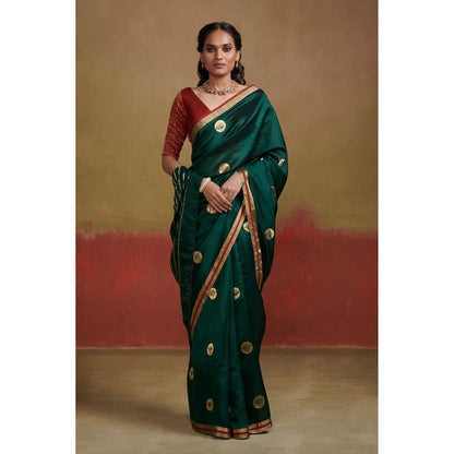 Dressfolk Dark Green Handloom Chanderi Silk Saree with Zari without Blouse
