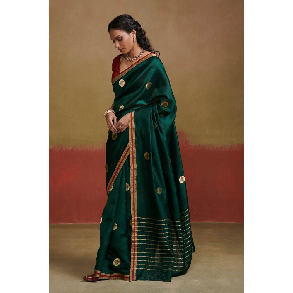 Dressfolk Dark Green Handloom Chanderi Silk Saree with Zari without Blouse