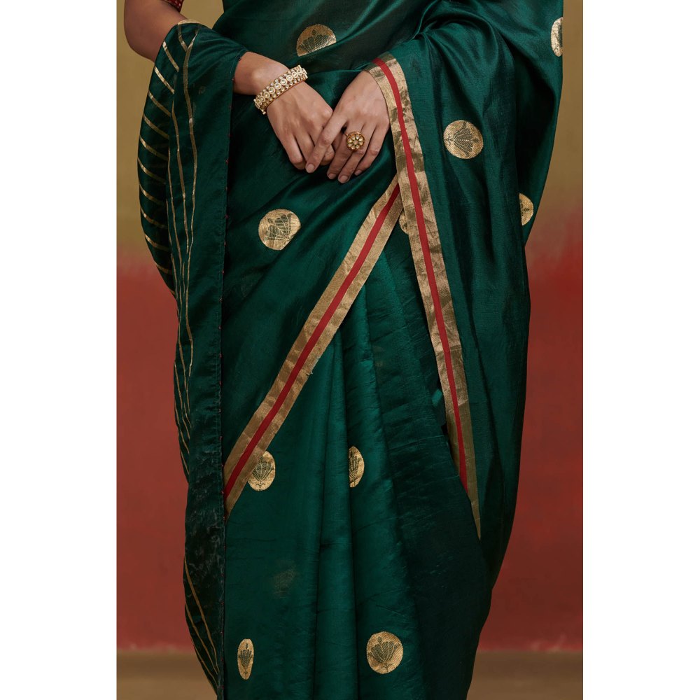 Dressfolk Dark Green Handloom Chanderi Silk Saree with Zari without Blouse