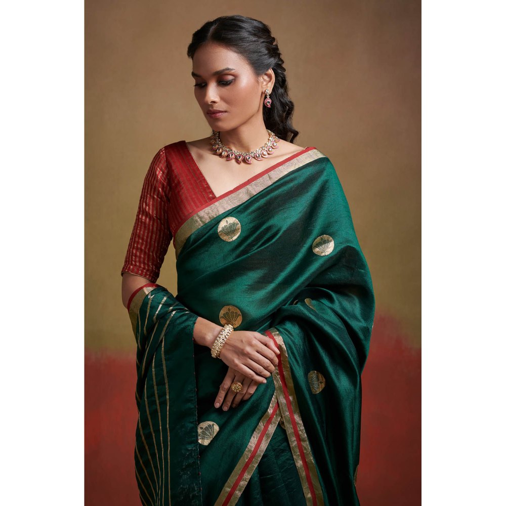 Dressfolk Dark Green Handloom Chanderi Silk Saree with Zari without Blouse