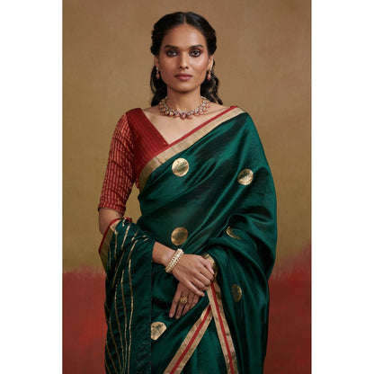 Dressfolk Dark Green Handloom Chanderi Silk Saree with Zari without Blouse