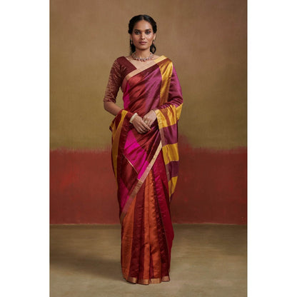 Dressfolk Handloom Chanderi Silk Saree In Orange Maroon and Pink without Blouse