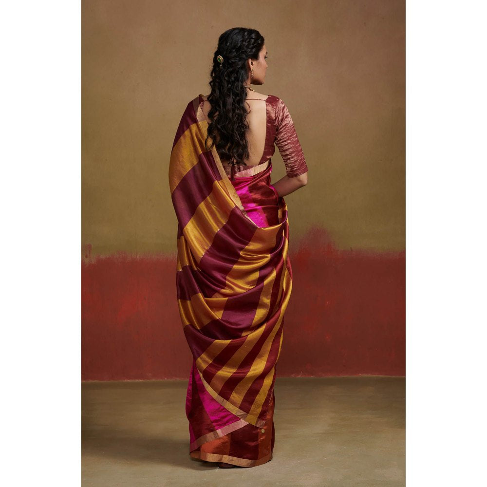 Dressfolk Handloom Chanderi Silk Saree In Orange Maroon and Pink without Blouse