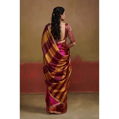 Dressfolk Handloom Chanderi Silk Saree In Orange Maroon and Pink without Blouse