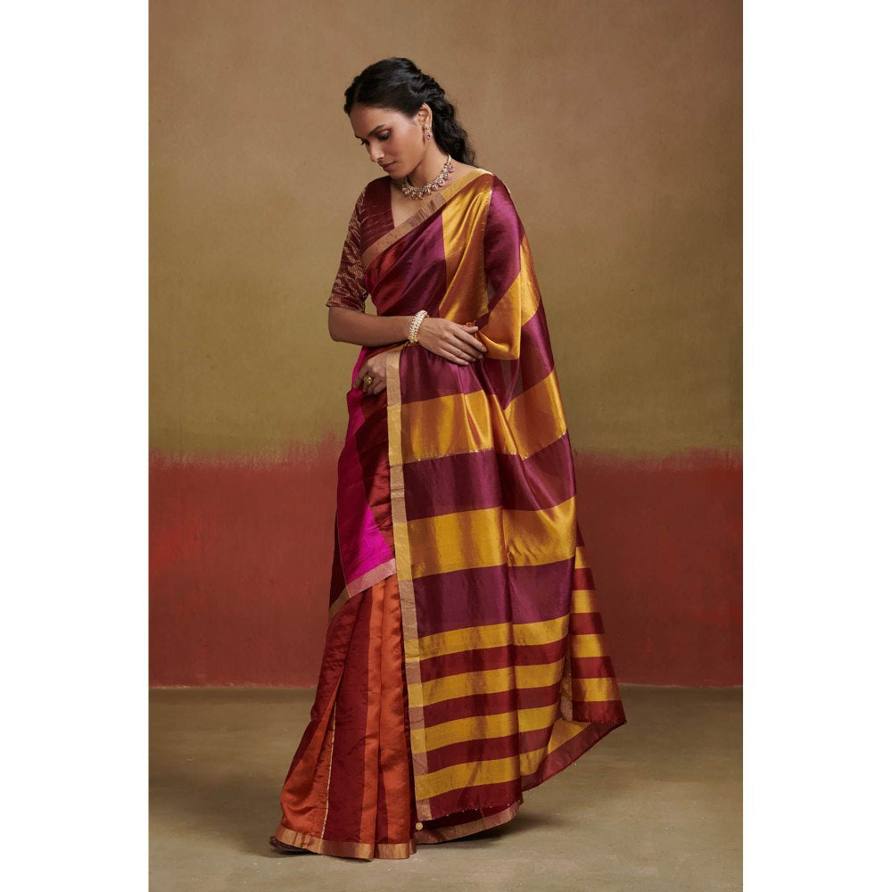 Dressfolk Handloom Chanderi Silk Saree In Orange Maroon and Pink without Blouse