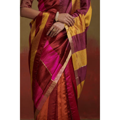 Dressfolk Handloom Chanderi Silk Saree In Orange Maroon and Pink without Blouse