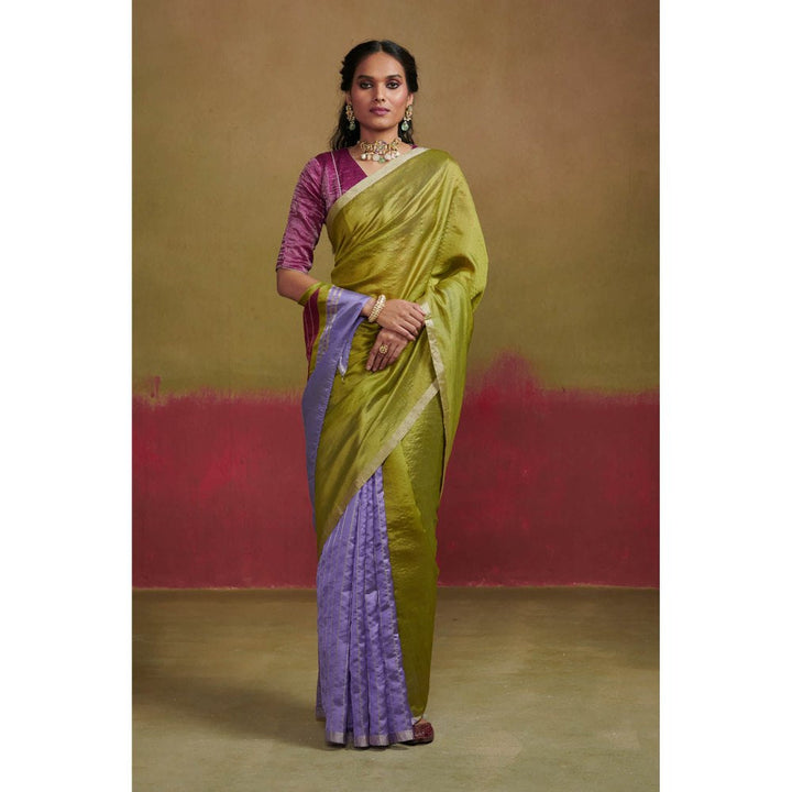 Dressfolk Chanderi Silk Saree In Light Purple and Lime Green without Blouse