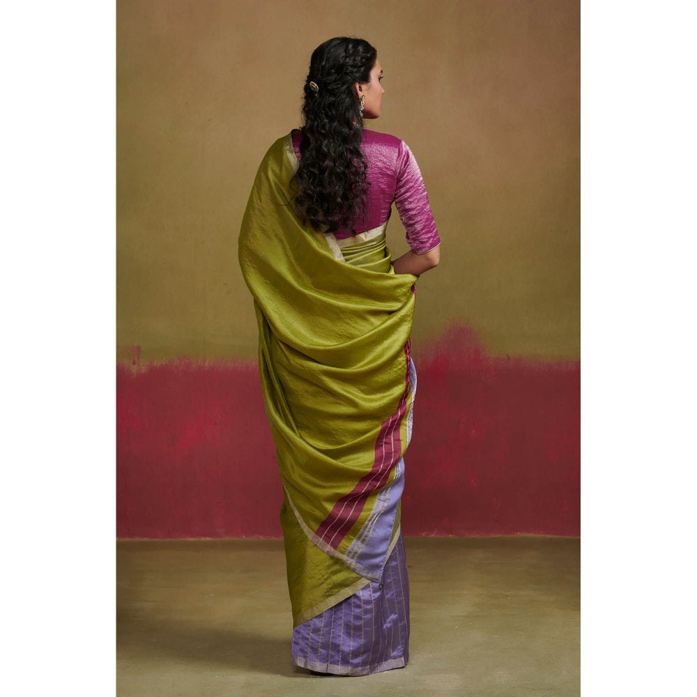 Dressfolk Chanderi Silk Saree In Light Purple and Lime Green without Blouse