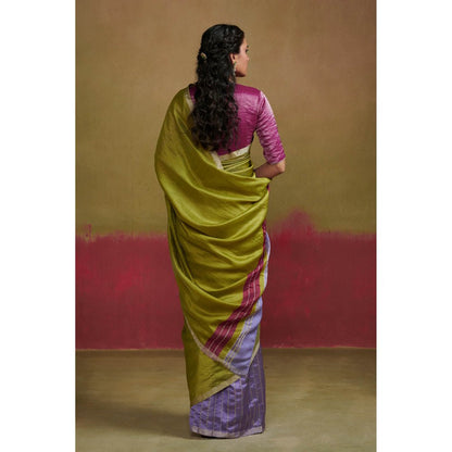 Dressfolk Chanderi Silk Saree In Light Purple and Lime Green without Blouse