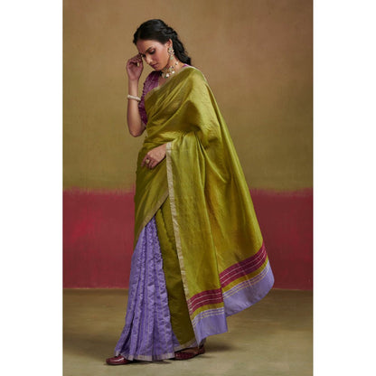 Dressfolk Chanderi Silk Saree In Light Purple and Lime Green without Blouse