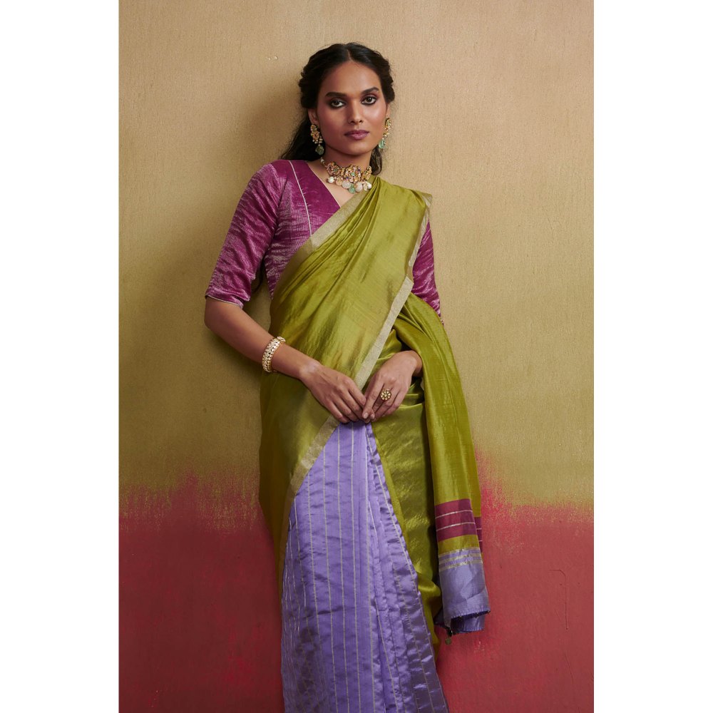 Dressfolk Chanderi Silk Saree In Light Purple and Lime Green without Blouse