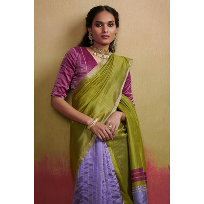 Dressfolk Chanderi Silk Saree In Light Purple and Lime Green without Blouse