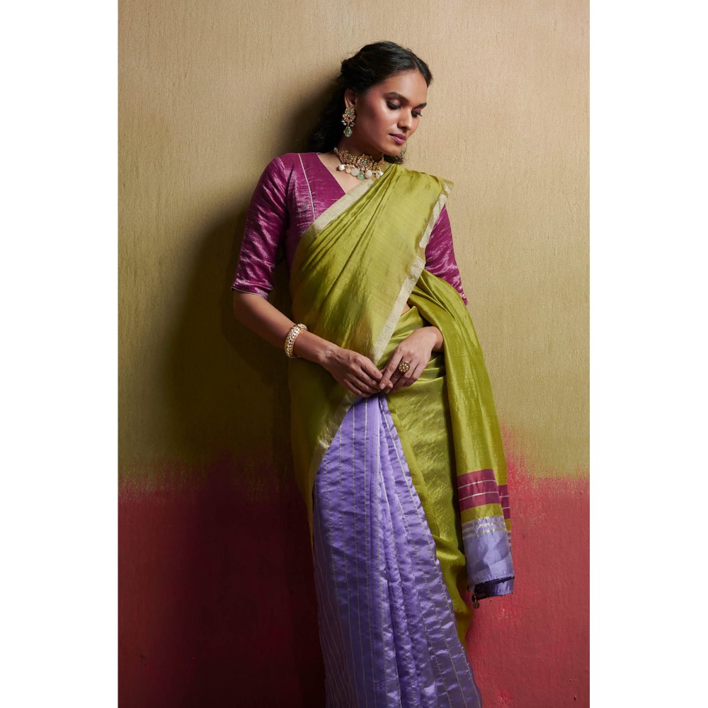 Dressfolk Chanderi Silk Saree In Light Purple and Lime Green without Blouse