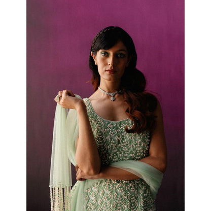 DRISHTI CHHABRAA Minty Green Pearl & Crystal Sharara (Set of 3)