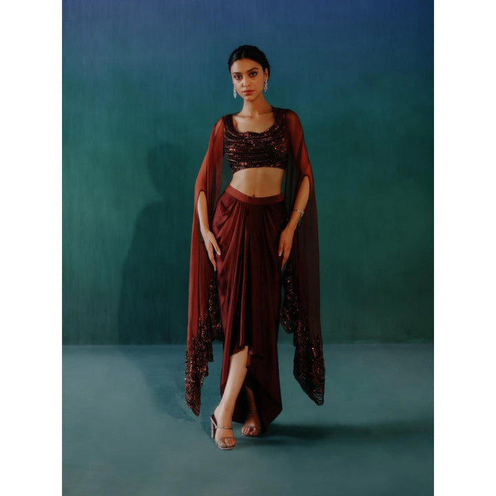 DRISHTI CHHABRAA Mud Brown Dhoti Style Skirt Cape (Set of 3)