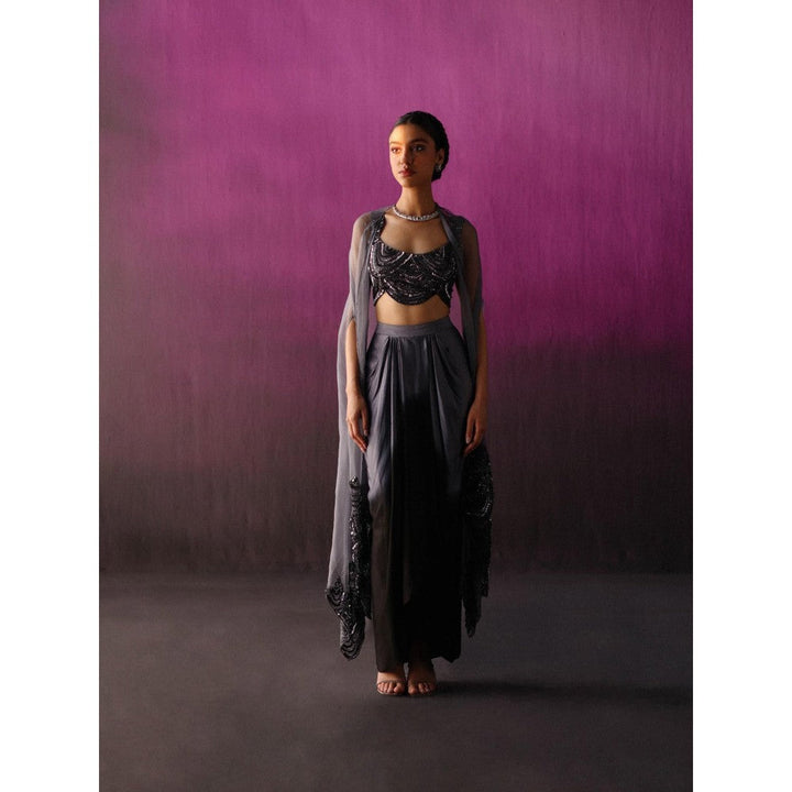 DRISHTI CHHABRAA Grey-Black Ombre Dhoti Style Skirt Cape (Set of 3)