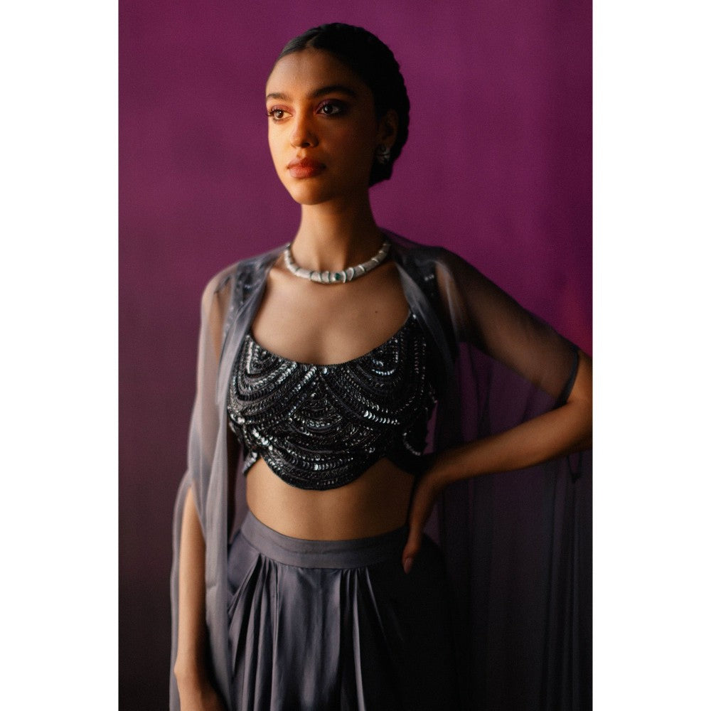 DRISHTI CHHABRAA Grey-Black Ombre Dhoti Style Skirt Cape (Set of 3)