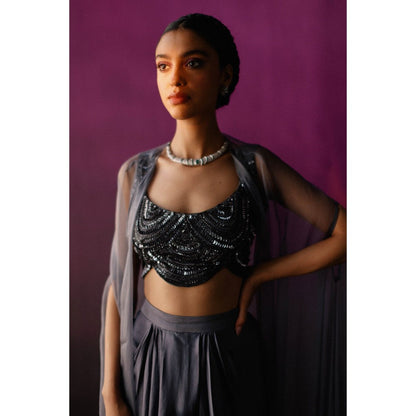 DRISHTI CHHABRAA Grey-Black Ombre Dhoti Style Skirt Cape (Set of 3)