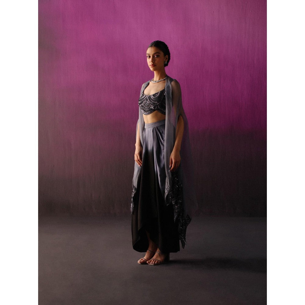 DRISHTI CHHABRAA Grey-Black Ombre Dhoti Style Skirt Cape (Set of 3)