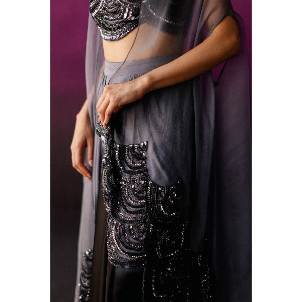 DRISHTI CHHABRAA Grey-Black Ombre Dhoti Style Skirt Cape (Set of 3)