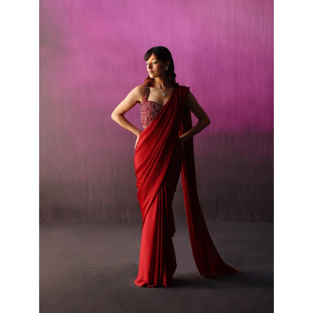 DRISHTI CHHABRAA The Red Scallop Crystal Drape Saree with Stitched Blouse