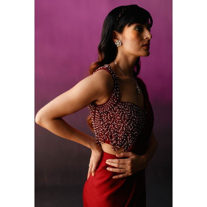 DRISHTI CHHABRAA The Red Scallop Crystal Drape Saree with Stitched Blouse