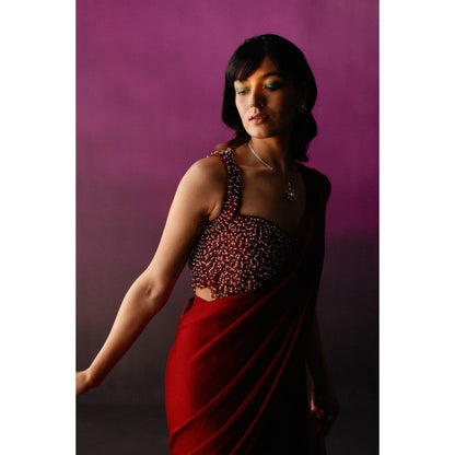 DRISHTI CHHABRAA The Red Scallop Crystal Drape Saree with Stitched Blouse