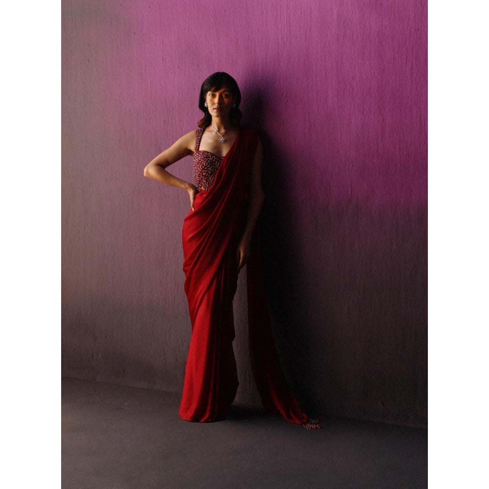 DRISHTI CHHABRAA The Red Scallop Crystal Drape Saree with Stitched Blouse