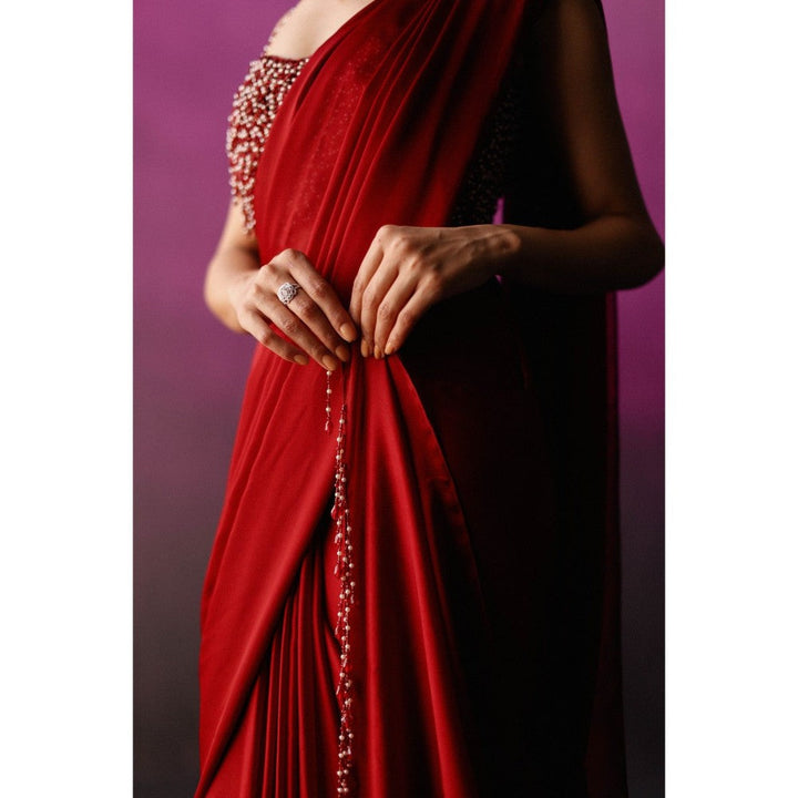 DRISHTI CHHABRAA The Red Scallop Crystal Drape Saree with Stitched Blouse
