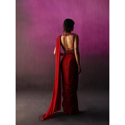 DRISHTI CHHABRAA The Red Scallop Crystal Drape Saree with Stitched Blouse