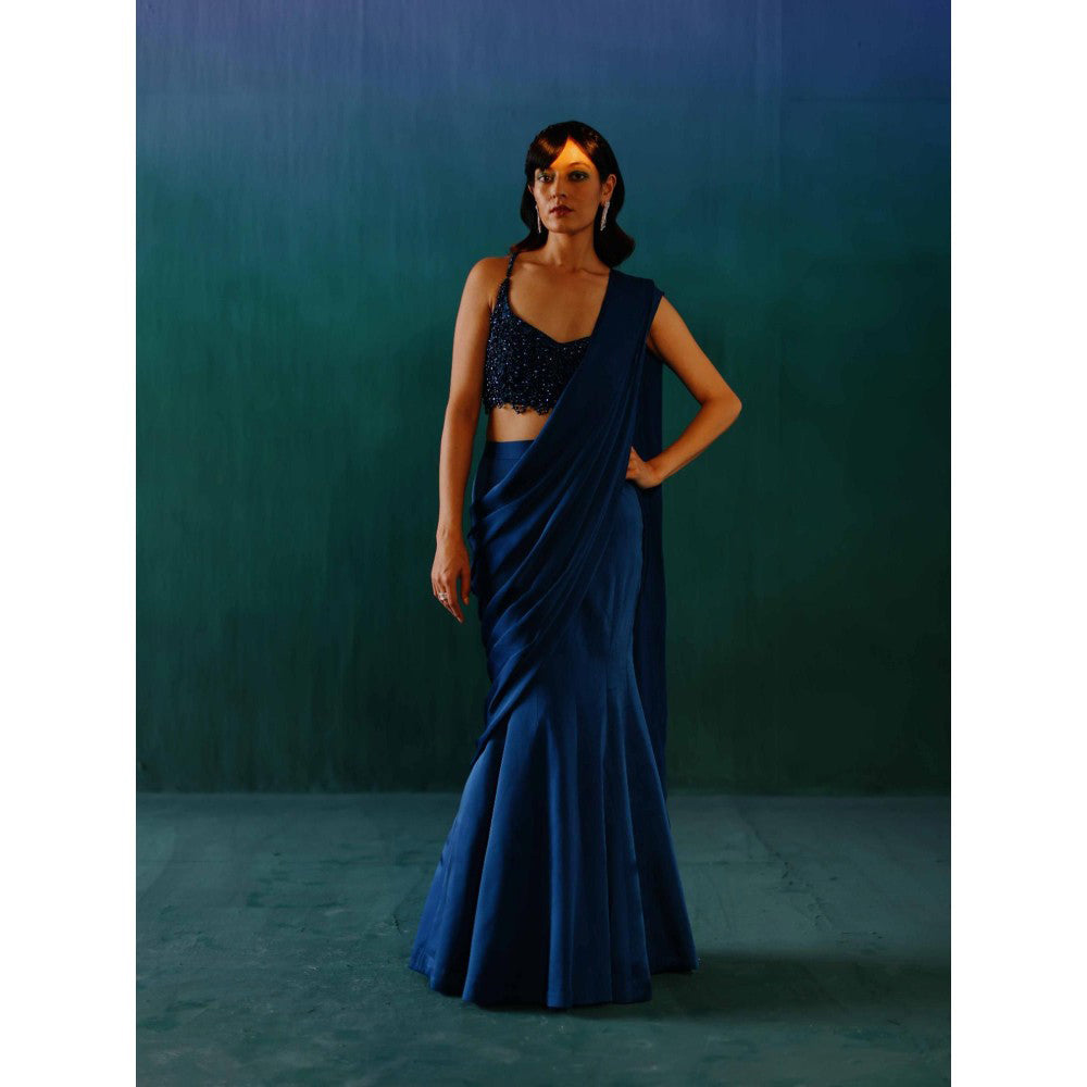 DRISHTI CHHABRAA Metallic Blue Fish Cut Drape Saree with Stitched Blouse