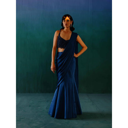 DRISHTI CHHABRAA Metallic Blue Fish Cut Drape Saree with Stitched Blouse