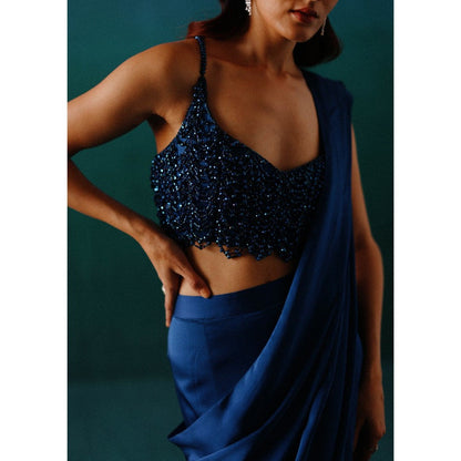 DRISHTI CHHABRAA Metallic Blue Fish Cut Drape Saree with Stitched Blouse