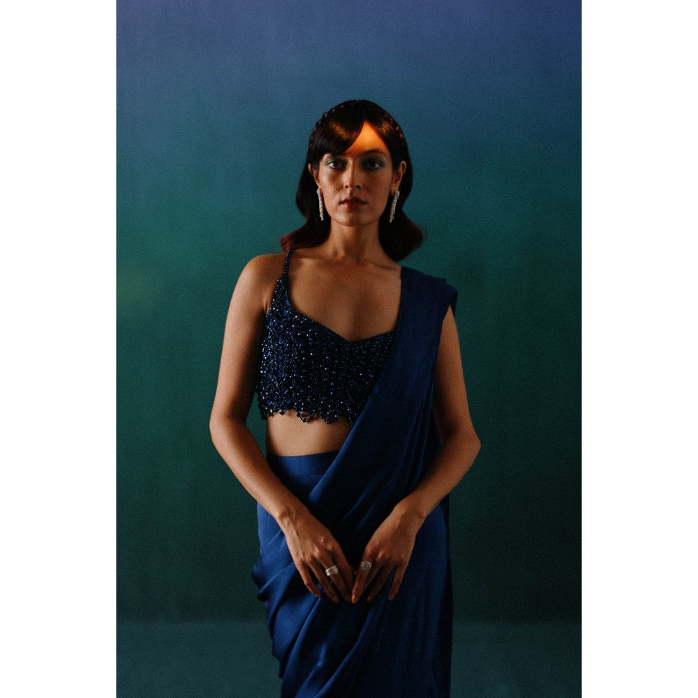 DRISHTI CHHABRAA Metallic Blue Fish Cut Drape Saree with Stitched Blouse