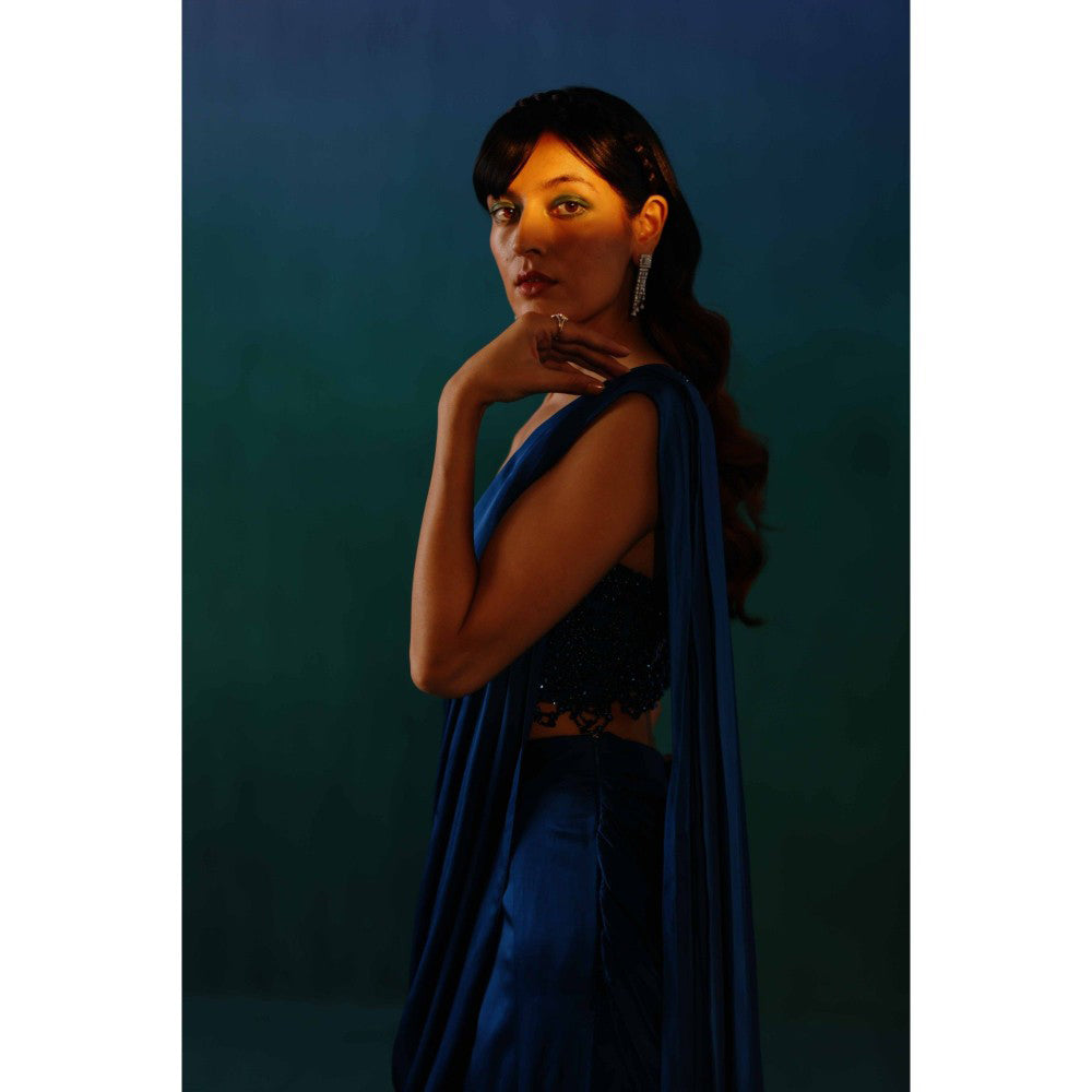 DRISHTI CHHABRAA Metallic Blue Fish Cut Drape Saree with Stitched Blouse