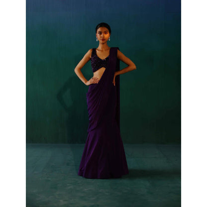 DRISHTI CHHABRAA The Aubergine Crystal Drape Saree with Stitched Blouse