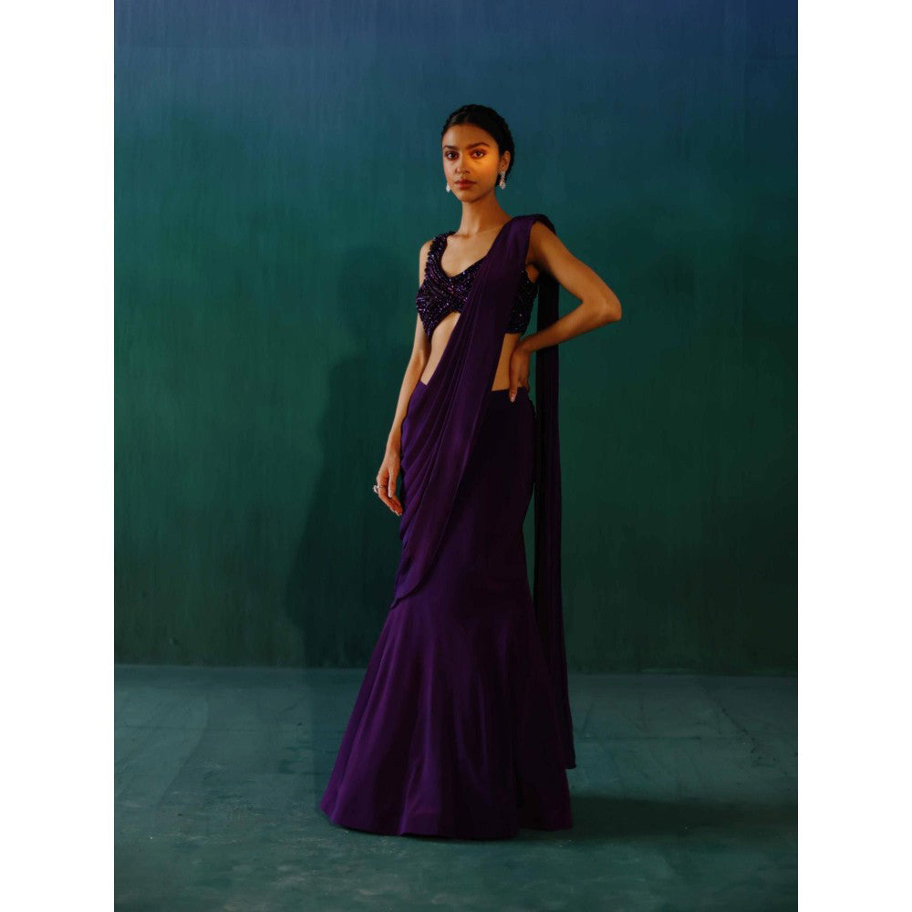 DRISHTI CHHABRAA The Aubergine Crystal Drape Saree with Stitched Blouse