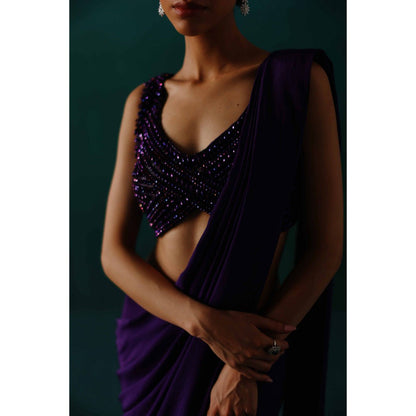 DRISHTI CHHABRAA The Aubergine Crystal Drape Saree with Stitched Blouse