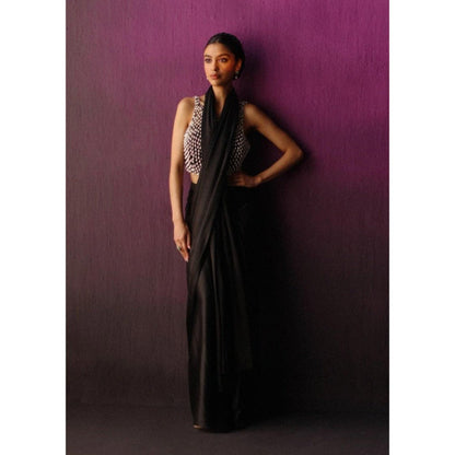 DRISHTI CHHABRAA The Black Pearl Droplet Drape Saree with Stitched Blouse