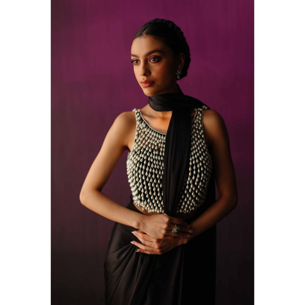 DRISHTI CHHABRAA The Black Pearl Droplet Drape Saree with Stitched Blouse