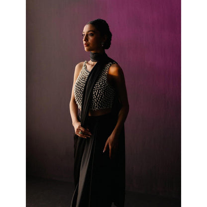 DRISHTI CHHABRAA The Black Pearl Droplet Drape Saree with Stitched Blouse