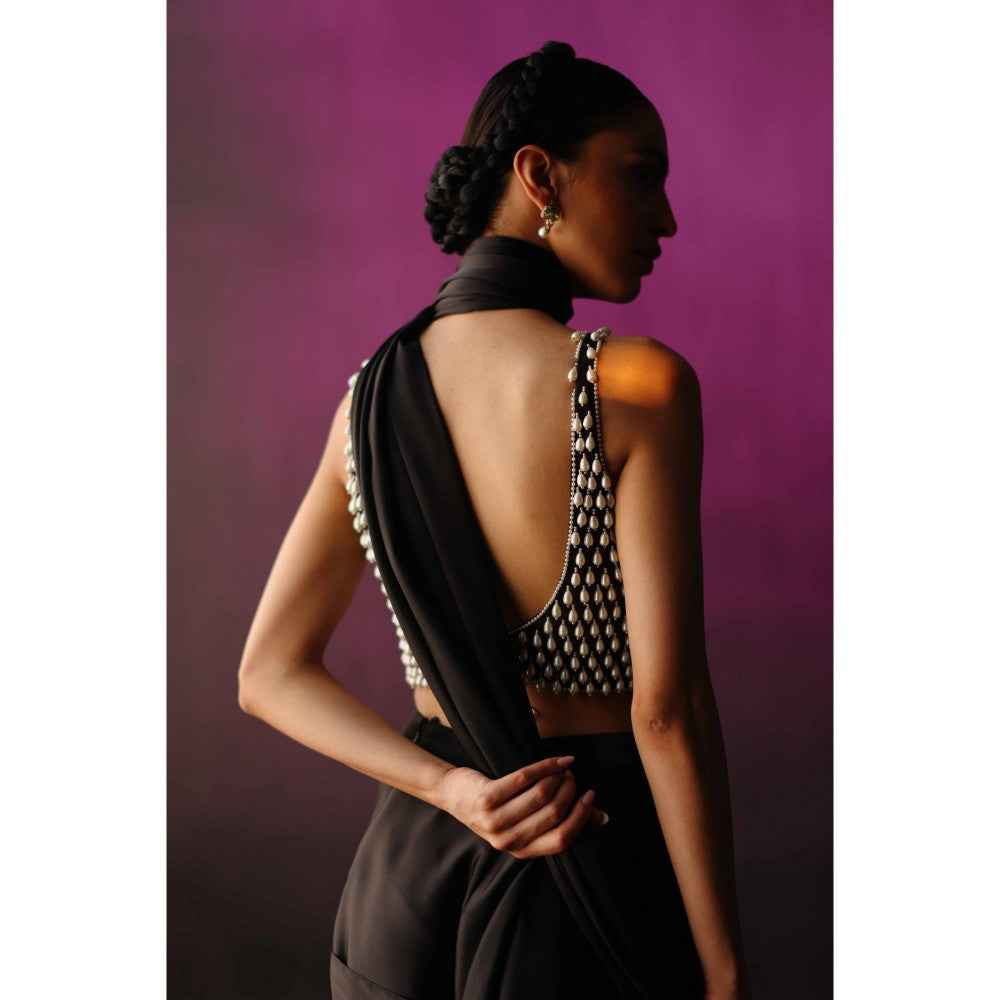 DRISHTI CHHABRAA The Black Pearl Droplet Drape Saree with Stitched Blouse