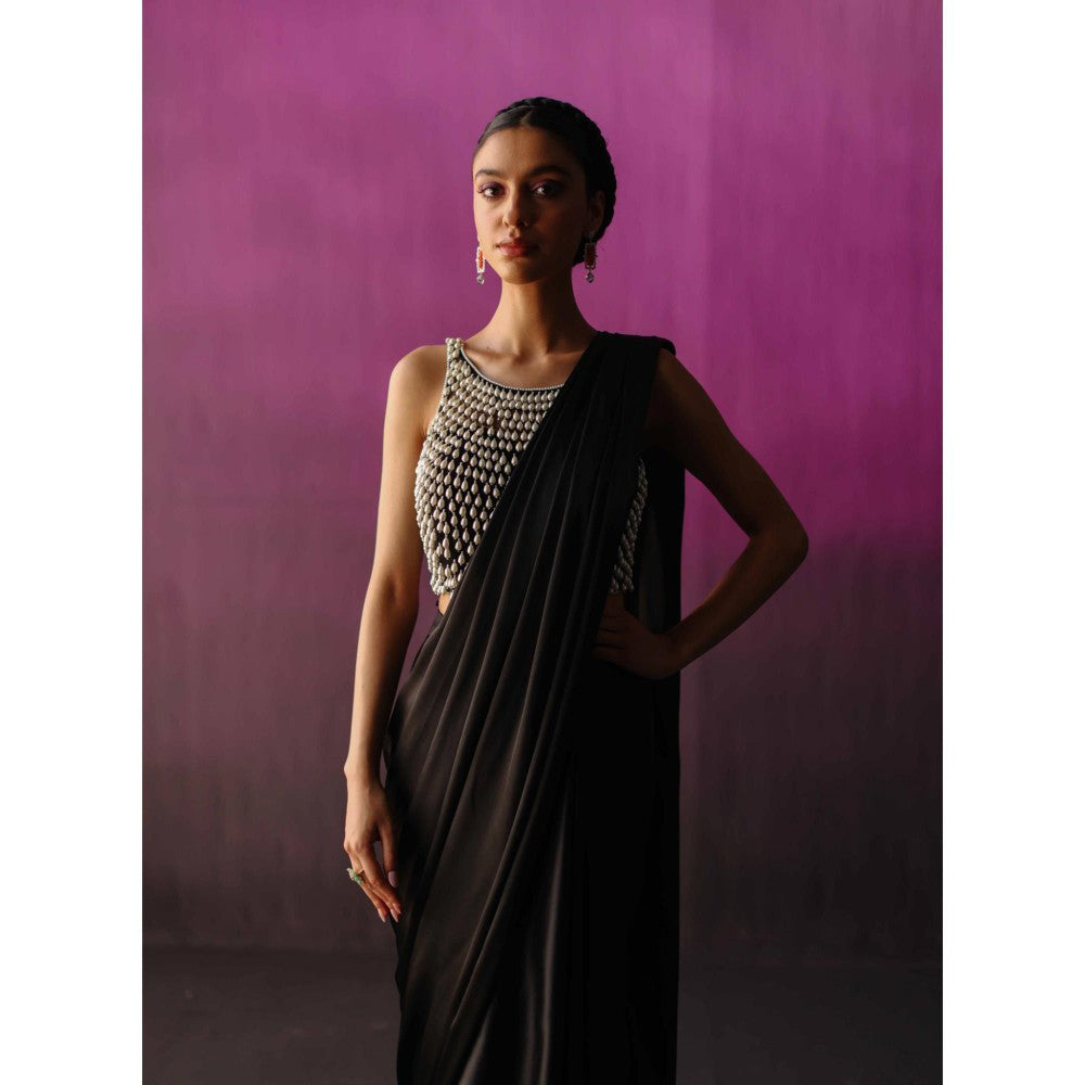 DRISHTI CHHABRAA The Black Pearl Droplet Drape Saree with Stitched Blouse
