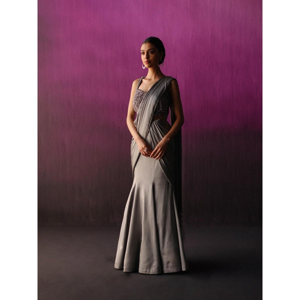 DRISHTI CHHABRAA The Grey Scallop Crystal Drape Saree with Stitched Blouse