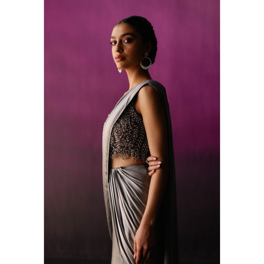 DRISHTI CHHABRAA The Grey Scallop Crystal Drape Saree with Stitched Blouse
