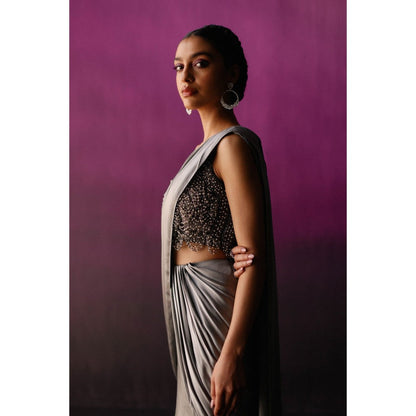 DRISHTI CHHABRAA The Grey Scallop Crystal Drape Saree with Stitched Blouse