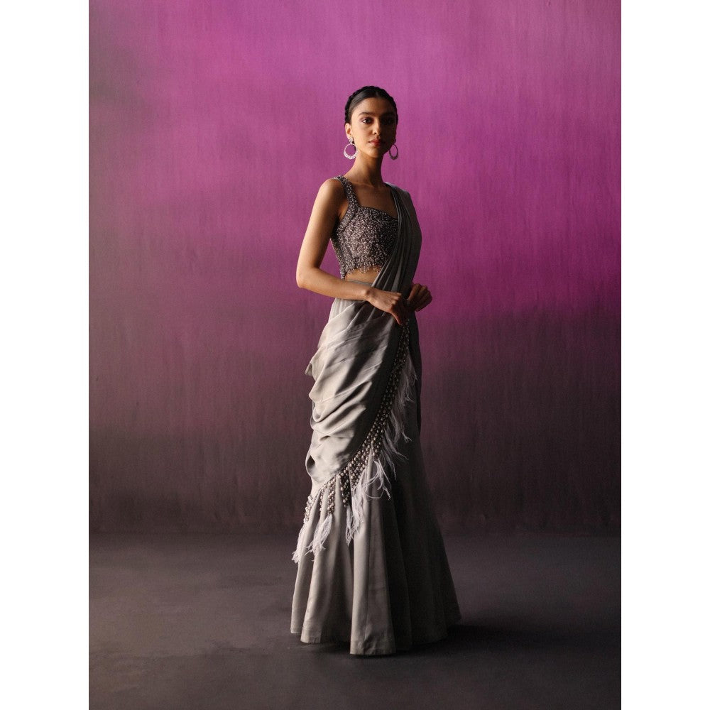 DRISHTI CHHABRAA The Grey Scallop Crystal Drape Saree with Stitched Blouse